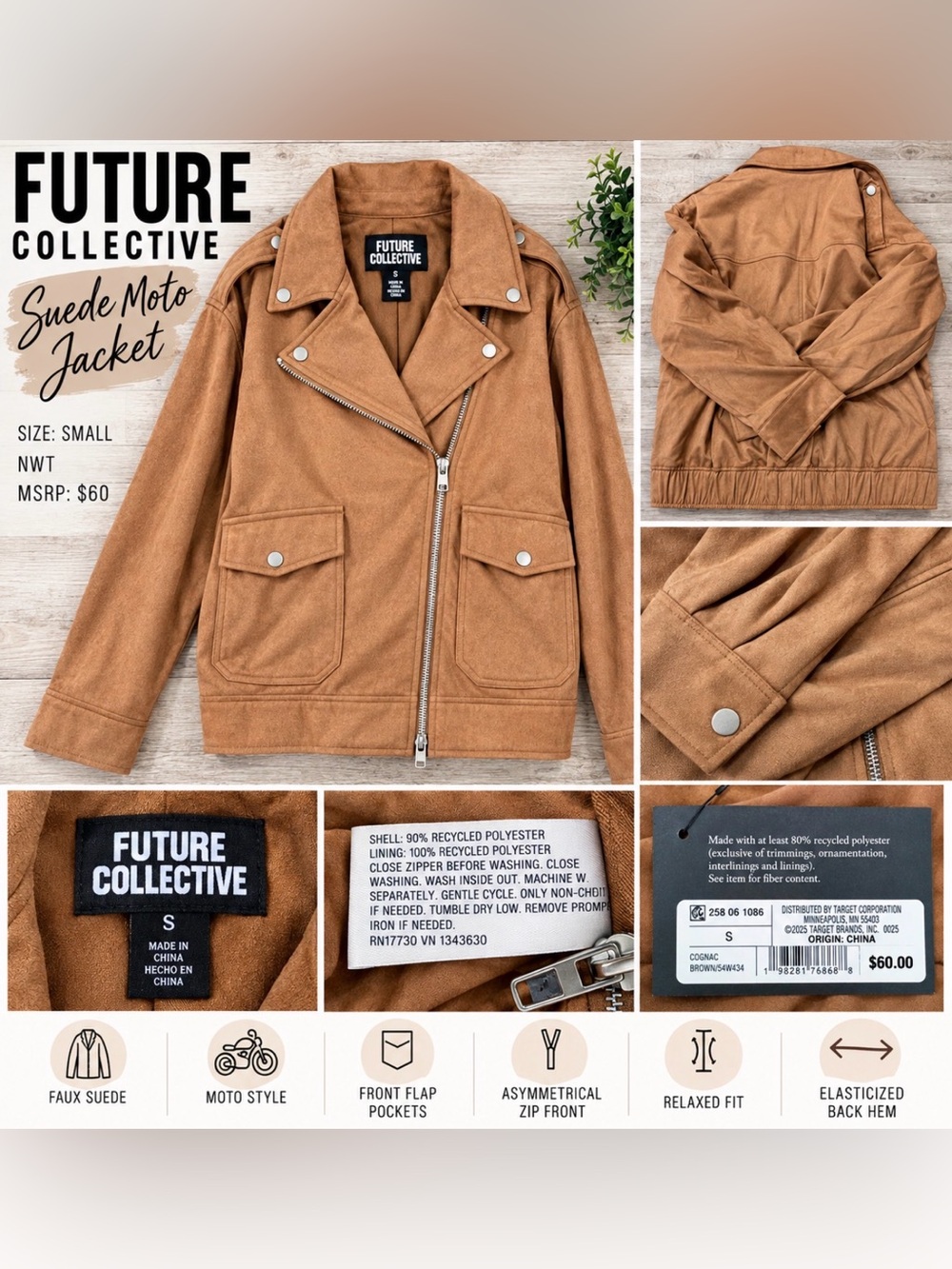 Future Collective Faux Suede Moto Jacket – Cognac Brown – Size Small – NWT